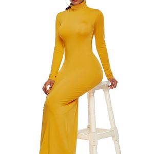 Gele herfst coltrui slanke enkel lengte bodycon jurk solide casual pakket hip 5 kleuren potlood lange vrouwen vestido 210522