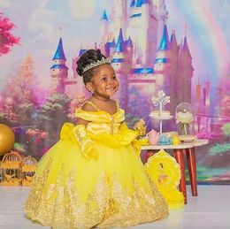 Robe de bal jaune, robes de demoiselle d'honneur avec des Appliques en dentelle, robe de concours pour petites filles, robes d'anniversaire pour enfants, pour séance Photo