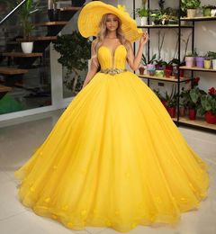 Vestido de fiesta amarillo Vestidos de quinceañera con cristales de faja Vestido de graduación de novia Apliques de tul Vestidos de fiesta Vestido de fiesta dulce 15
