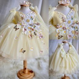 Robes de demoiselle d'honneur perlées jaunes pour mariage, col en V, appliques 3D, robes de concours en tulle, longueur au genou, robe de bal pour enfants, robe d'anniversaire
