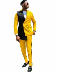 Costume formel jaune noir pour hommes, coupe cintrée, Design à double boutonnage, 2 pièces sur mesure, costume de mariage pour hommes, costumes de marié, Tuxedos c0VH #
