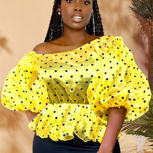 Gele blouse polka dot peplum zie door dunne transparante puff mouwen een schoudertops shirt fashion party sexy bluas 220518