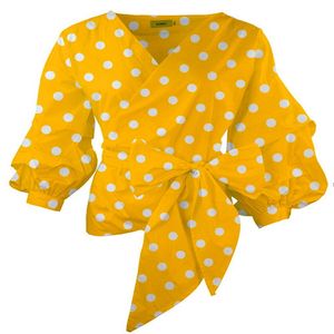 Blouses jaunes Ceintures Noeud papillon avant avec imprimé blanc Polka Dot Tops à manches bouffantes pour femmes Plus Taille 3XL Bluas d'été 210416