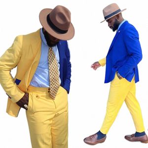 Jaune Bleu Splicing Hommes Costume Sur Mesure 2 Pièces Blazer Pantalon Double Boutonnage Slim Formelle Busin Causal Party Hôte Sur Mesure F3WI #
