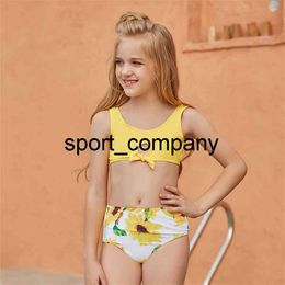 Gele boog peuter tweedelige kinderen badmode badpak 5-14 jaar meisje badpak kinderen tiener zonnebloem bikini set