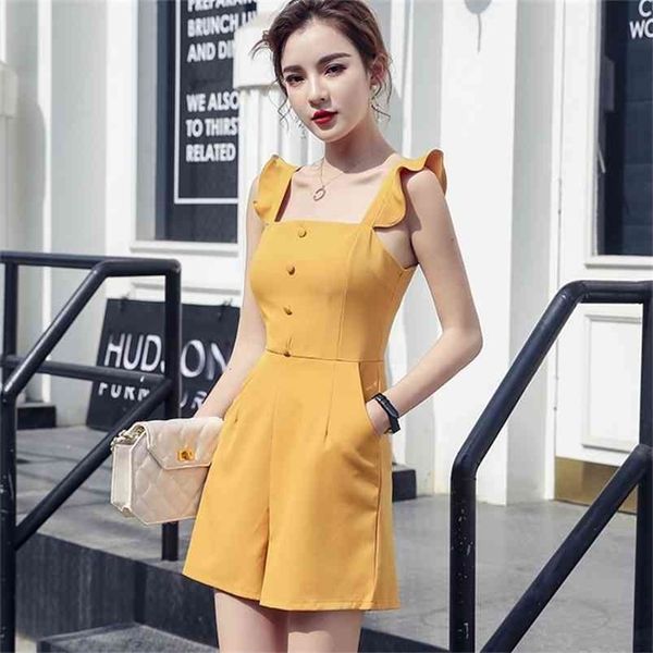 Amarillo Borgoña Mono Playsuit Mujeres Vacaciones Correa con volantes Cremallera sin espalda Cremallera Alta Cintura Ancha Pierna Monos Mamelucos S94791 210421