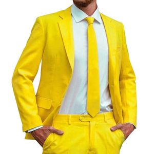 Gele casual mannenpakken voor prom 2 stuk slim fit groomsmen tuxedo met gekerfde revers bruiloft mannelijke mode blazer broek x0909
