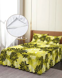 Geel chrysanthemum zwart -wit retro bed rok gemonteerd sprei met kussenslopen matras dekbedden set set set set set 240415