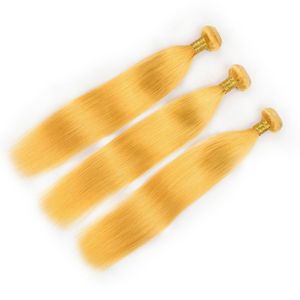 Jaune Droite Couleur de cheveux humains 3 Bundles 300Gram jaune pur vierge brésilienne de cheveux humains Weave Extensions Double Trames Longueur Mixte