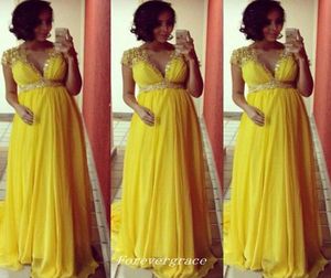 Couleur jaune Deep V Neck Prom Robe de haute qualité en mousseline de soie perle porte la robe de fête de fête sur mesure plus taille 5929317