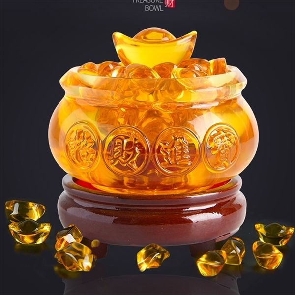 Glaçure en cristal jaune Chinois Fengshui Richesse Yuanbao Dragon Treasure Bowl Statue 201212