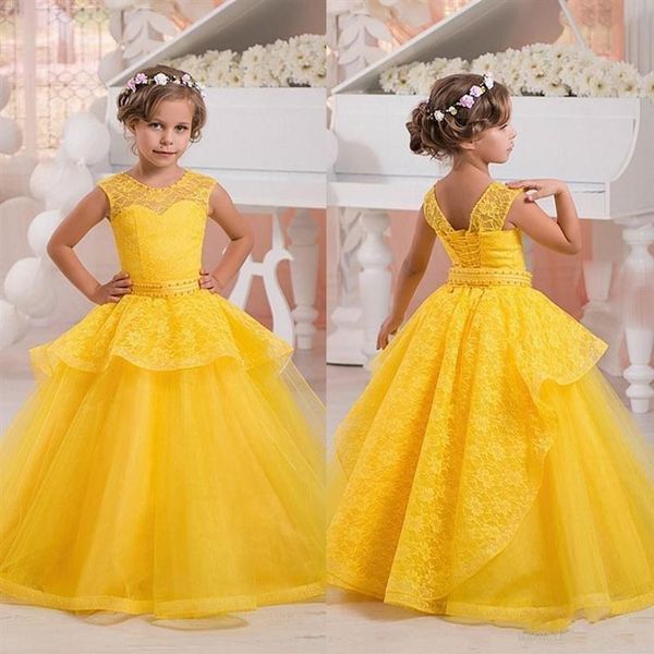 Jaune Mignon Fleur Filles Robes Sheer Ras Du Cou Sans Manches Corset Retour Tiers Jupe Princesse Enfants Prom Party Robes pour Weddings3216