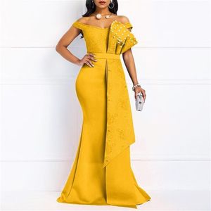 Vestido amarillo largo para mujeres fuera del hombro Cuentas de sirena sexy Flaco Prom Longitud del piso Cena de noche Fiesta de bodas Vestidos largos 210337D