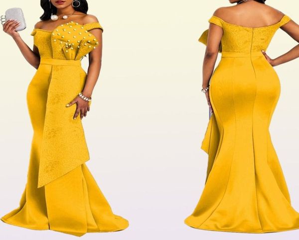 Robe jaune longue pour femmes, épaules dénudées, Sexy, sirène, perles, slim, longueur au sol, soirée, dîner, fête de mariage, robes Maxi 2103426502