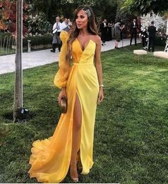 Vestido de fiesta Formal amarillo de Dubái, vestidos de noche de manga larga para mujer, vestidos de noche musulmanes de gasa con abertura elegante 7487085