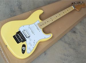 Chitarra elettrica gialla con battipenna bianco, pickup SSH, Floyd Rose, tastiera in acero, personalizzabile su richiesta