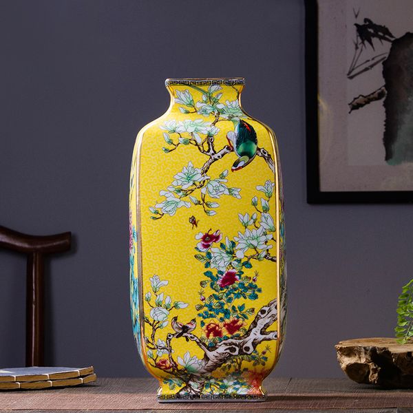 Jarrón esmaltado amarillo qialong fondo amarillo jarrón cuadrado diseño de flores orientales antiguos chino kangxi jarrón