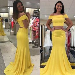 Yellow Evening 2021 Jurken Two Piece Satin Custom Made Sweep Train Plus Size Prom Party Jurk Formele OCN Wear Vestido