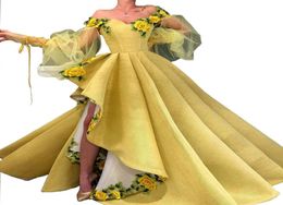 Robe de soirée jaune sur l'épaule 3D fleur Dubai Split formelle plissée robes de soirée longue élégante arabe haut bas femmes fête 8065862