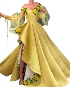 Robe de soirée jaune hors de l'épaule 3d Fleur Dubaï Split des robes de soirée plissées formelles longues longues arabes arabes basse féminine 6305408