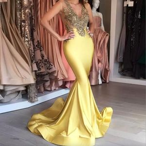 Gele mode citroenavond diepe v-hals gouden pailletten mouwloze sexy prom jurk prachtige sweep trian zeemeermin feestjurken es