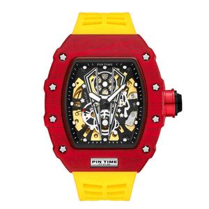 Jaune Mode Hommes Sport Automatique Jaune Montre Mécanique Mouvement Bracelet En Caoutchouc De Luxe Style Creux Cadran Cadeau Montre-BraceletU0LX