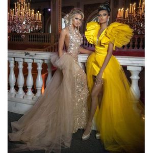 Gele mode twee stukken prom jurken diep v nek mini cocktailjurken afneembare trein overskirts meisjes feestjurken