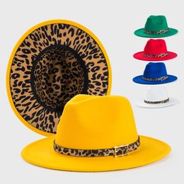Gele fedora veerhoed met luipaardprint aan de binnenkant Panama vilten hoed voor dames en heren jazzhoed fedorahoed 240103