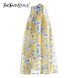 Gele bloemenprint rok voor vrouwen hoge taille elegante losse een lijn Midi rokken vrouwelijke zomer mode kleding 210521