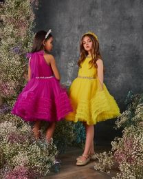 Yellow Flower Girl -jurken 2022 Ruches babymeisjes jurk gezwollen prinses kleine kinderen verjaardag eerste communie formeel evenement slijtage jurken baby peuter tieners paars paars