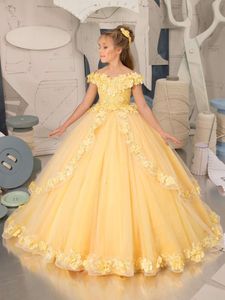 Yellow Flower Girl -jurken Tule Puffy gelaagde appliques met staart mouwloos voor bruiloft verjaardagsfeestje banket prinsesjurk
