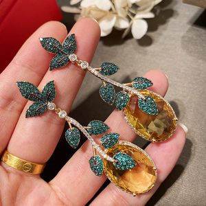 Gele Gem Blaadjes Oorbellen Voor Lady Merk Ontwerp Bruiloft 18K Vergulde Earring Luxe 925 Silver Needle Lange Dangler Sieraden