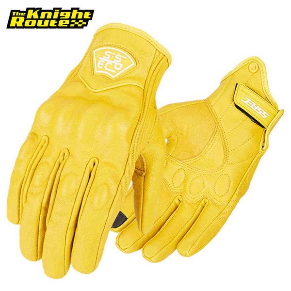 Gants de moto rétro en cuir véritable jaune pour hommes, gants de motocross à écran tactile, doigt complet, gants de motard vintage H1022