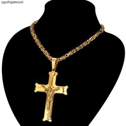 Geel goud Big Jezus kruis hanger met lange ketting heren goudkleur kruisbeeld kettingen mannelijke religieuze sieraden