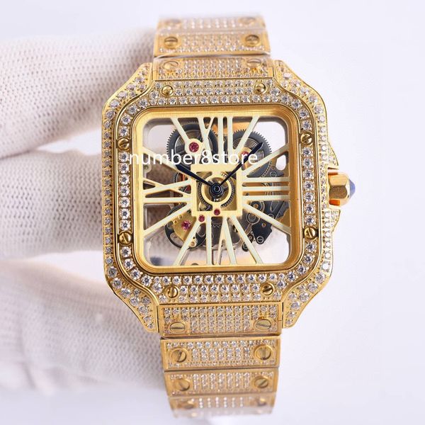 Montre pour hommes en or jaune, plein de diamants, grand squelette, montres carrées de luxe, Quartz, acier inoxydable, cristal saphir, résistance à l'eau