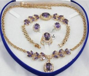 Geel Gouden GP Inlay Purple Crystal Necklace Armband Earring Ring 1 Set