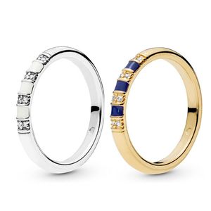 Bague à rayures bleues et pierres plaquées or jaune pour Pandora Authentique Bijoux Amant en Argent Sterling CZ Bagues de Fête en Diamant avec Boîte d'Origine pour Femmes Hommes