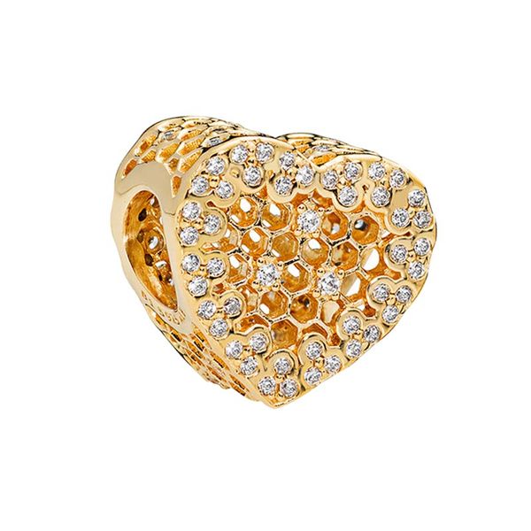 Encanto de panal de corazón chapado en oro amarillo con caja original para Pandora Brazalete de plata de ley real Pulsera de cadena de serpiente Joyería de mujer que hace encantos