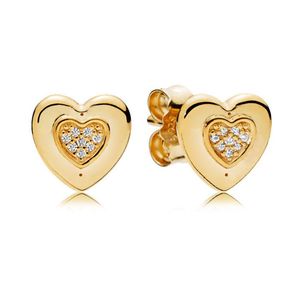 Or jaune plaqué Amour Coeur Boucles D'oreilles Femmes Bijoux De Mariage Pour Pandora Réel En Argent Sterling Petite Amie Cadeau Boucles D'oreilles avec Boîte D'origine