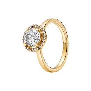 Bague halo ronde scintillante plaquée or jaune avec boîte d'origine pour Pandora en argent sterling véritable diamant CZ cadeau de mariage bagues de bijoux pour femmes filles