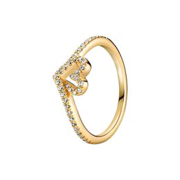 Geel Vergulde Sprankelende Wishbone Heart RING voor Pandora Authentieke Sterling Zilveren Bruiloft Sieraden Vrouwen Meisjes CZ Diamanten Verlovingsringen met Originele DOOS