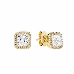 Boucles d'oreilles carrées Halo Sparkle plaqué or jaune pour Pandora Bijoux de mariage en argent sterling 925 pour femmes filles Boucles d'oreilles design diamant CZ avec boîte d'origine