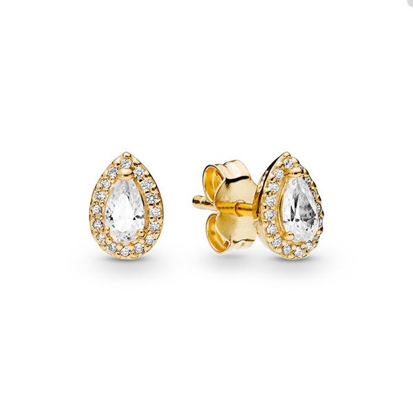 Boucles d'oreilles en forme de larme plaquées or jaune pour bijoux Pandora Ensemble de boucles d'oreilles de mariage en argent sterling 925 pour femmes Boucles d'oreilles en diamant en cristal avec boîte d'origine