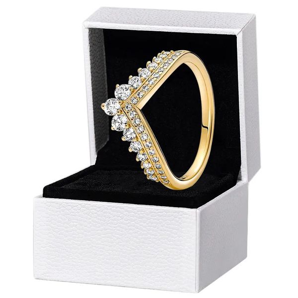 Anillo de tiara de deseo atemporal chapado en oro amarillo para mujer, caja de regalo de joyería de boda con diamantes CZ para anillos de plata de ley 925