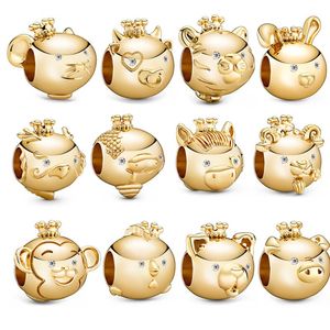 Chapado en oro amarillo Signos del zodiaco Charm Pandoras Plata de ley 925 Animal Portrait Charms Pulsera Fabricación de cuentas Charm Collar Colgante con caja original