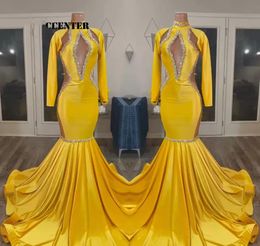 Gele gouden prom -jurken voor zwarte meisjes Afrikaanse feestjurk Lange mouw Speciale gelegenheid Evenningsjurk Mermaid Robe de femme mariage 0208