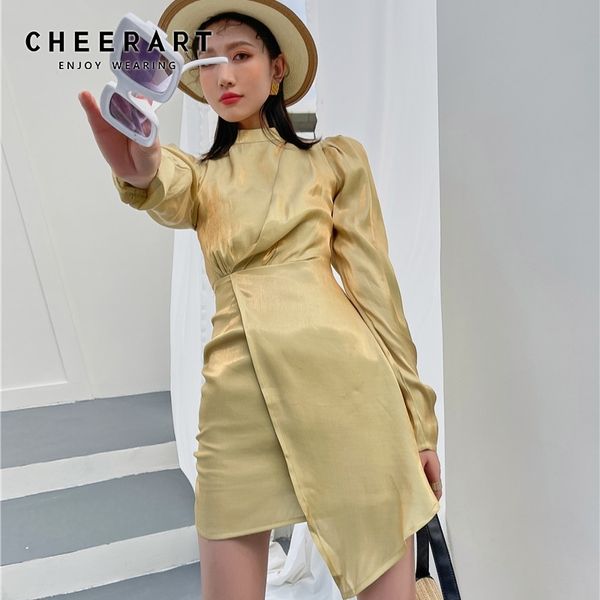 Robe à paillettes à manches bouffantes en or jaune Femmes Longue tunique en satin Dames Mini asymétrique Mode coréenne 210427
