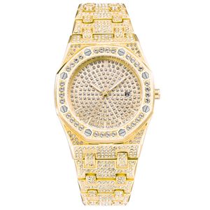 Reloj del negocio de tono amarillo oro visten los relojes del diamante de Bling de los hombres del cuarzo impermeable del acero inoxidable Moda Hombre Reloj XFCS LY191226