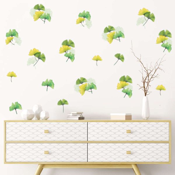 Autocollants muraux plante feuille de Ginkgo jaune vert, sparadrap muraux pour salon chambre à coucher, sparadrap muraux décoratifs pour la maison, autocollants muraux faciles à poser