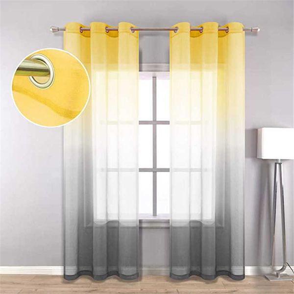 Rideaux transparents en lin gris jaune pour chambre à coucher salon dégradé semi-voile rideaux fenêtre rideau oeillet hauts princesse chambre 210712